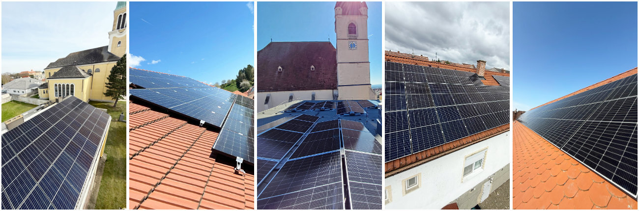 Photovoltaikanlagen auf verschiedenen Dächern.