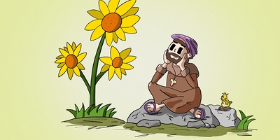 Der hl. Franz von Assisi sitzt auf einem Stein und betrachtet zufrieden eine große Blume.