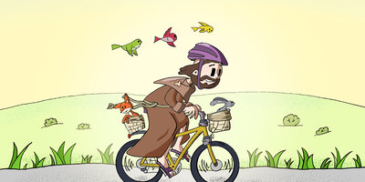 Illustration des hl. Franzsikus auf einem Fahrrad mit Fuchs, Hase und Vögel.